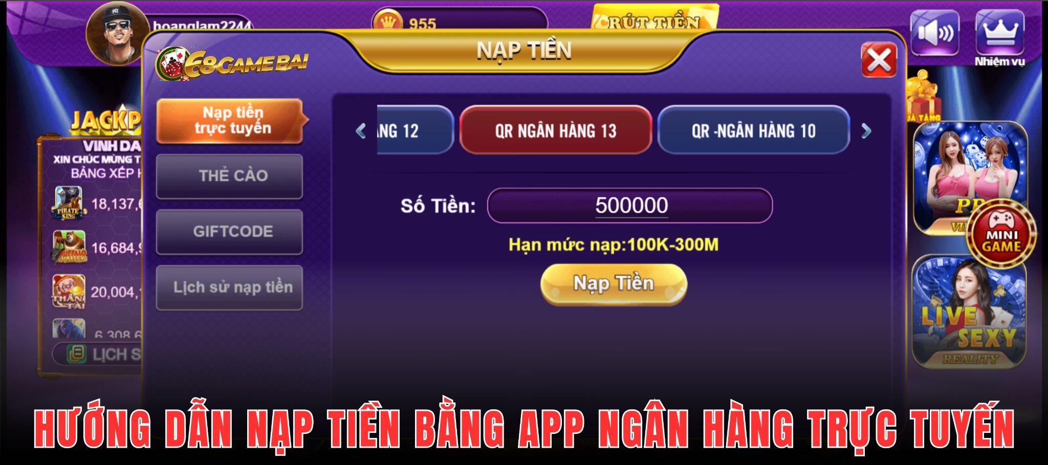 Nạp tiền 68 game bài bằng internet banking được người chơi ưa chuộng nhất