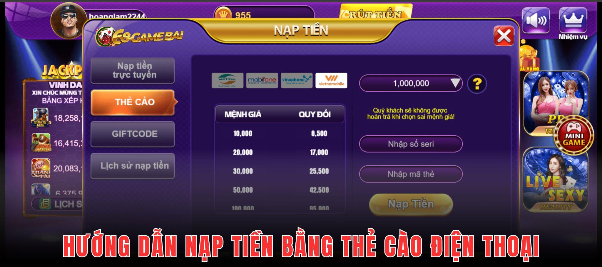 Nạp tiền 68 game bài bằng thẻ cào điện thoại sẽ mất một mức phí 15%