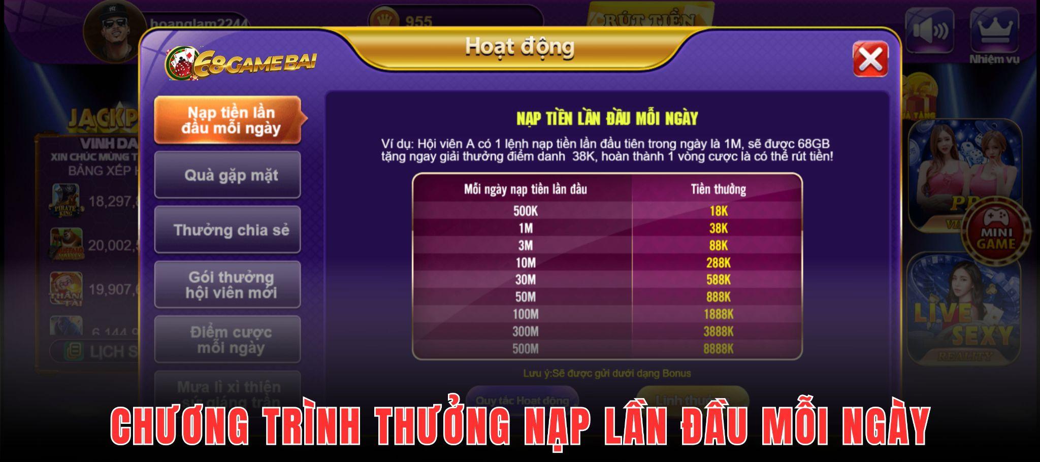 Chương trình khuyến mãi nạp lần đầu mỗi ngày tại 68 Game Bài